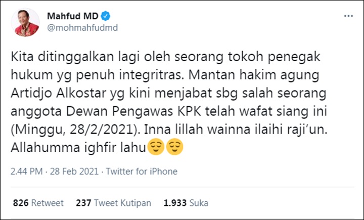 Mahfud Kabarkan Kepergian Artidjo
