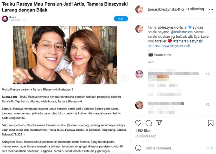 Larang Teuku Rassya Pensiun Jadi Artis, Tamara Bleszynski Tulis Pesan Manis ini