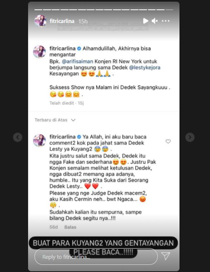 Fitri Carlina Pasang Badan Saat Lesty Kejora Diserang Komen Jahat Usai Ditemui Konjen RI New York