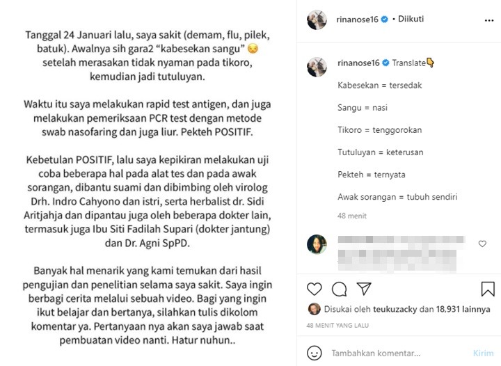 Rina Nose Akui Sempat Positif Covid-19, Ungkap Banyak Temuan Menarik
