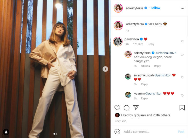 Adiezty Fersa Istri Gilang Dirga Syok Fotonya Dikomentari Paris Hilton, Fans Ikutan Heboh