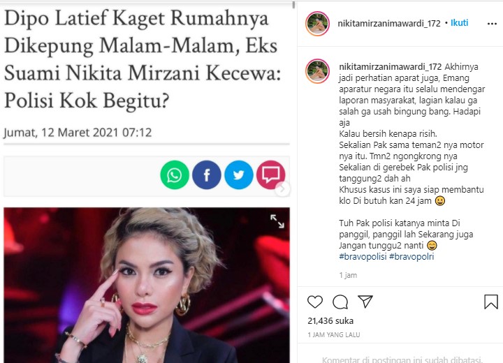 Nikita Mirzani Komentari Rumah Dipo Latief Digeruduk Polisi, Beri Sindiran Ini