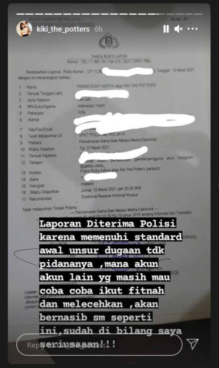 Laporkan Gebby Vesta Ke Polisi, Kiki The Potters Malah Kena Hujat