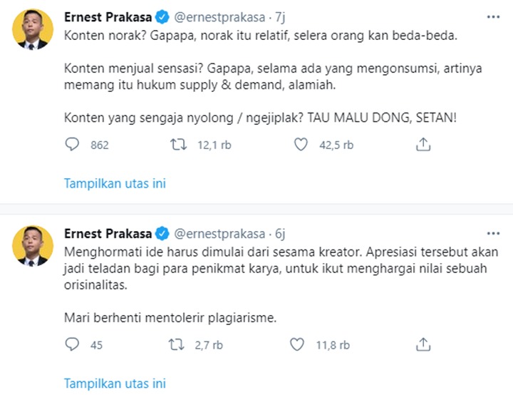 Bahas Konten Plagiat, Ernest Prakasa: Tahu Malu Dong!