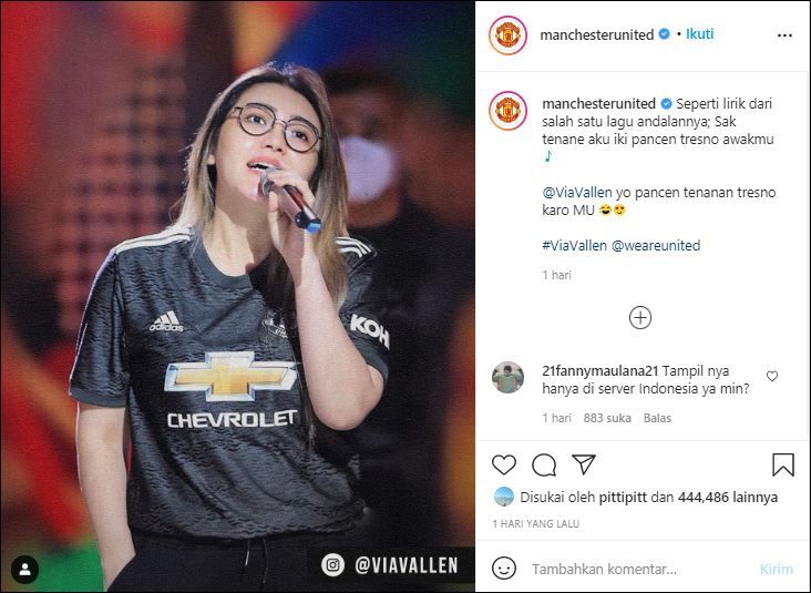 Foto Via Vallen Diunggah Oleh Akun Instagram Manchester United, Lengkap Dengan Caption Lirik Lagu