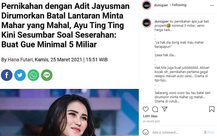 Ayu Ting Ting Minta Mahar Fantastis Hingga Dijuluki Artis Munafik