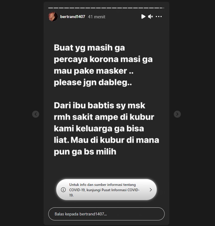 Bertrand Antolin Kabarkan Sang Ibu Baptis Meninggal Dunia, Ingatkan Ancaman Covid-19