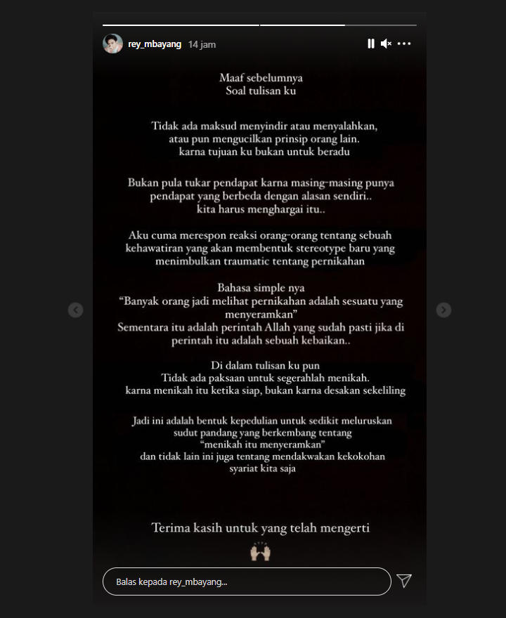 Sempat Berbagi Pandangan Soal Pernikahan, Rey Mbayang Kini Malah Minta Maaf