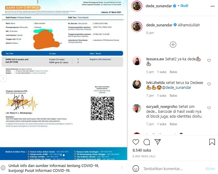 Ucap Syukur, Dede Sunandar Kabarkan Telah Negatif Covid-19