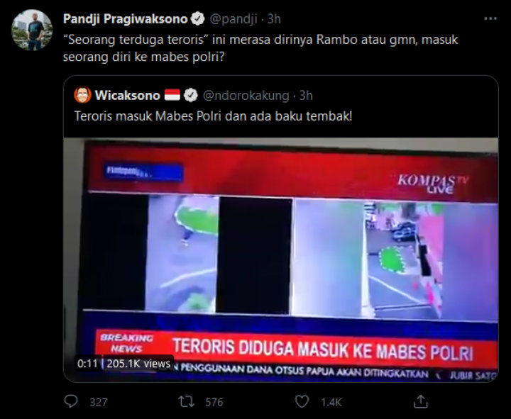 Kicauan Pandji Pragiwaksono Soal Serangan Terduga Teroris di Mabes Polri Tuai Perdebatan Ini