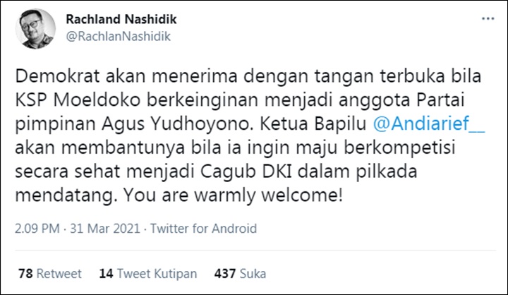 Pesan Rachland Untuk Moeldoko
