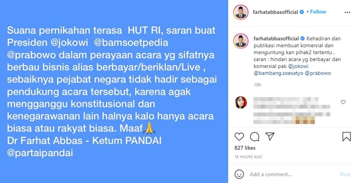 Farhat Abbas Kritik Kehadiran Jokowi-Prabowo di Pernikahan Atta Halilintar dan Aurel Hermansyah