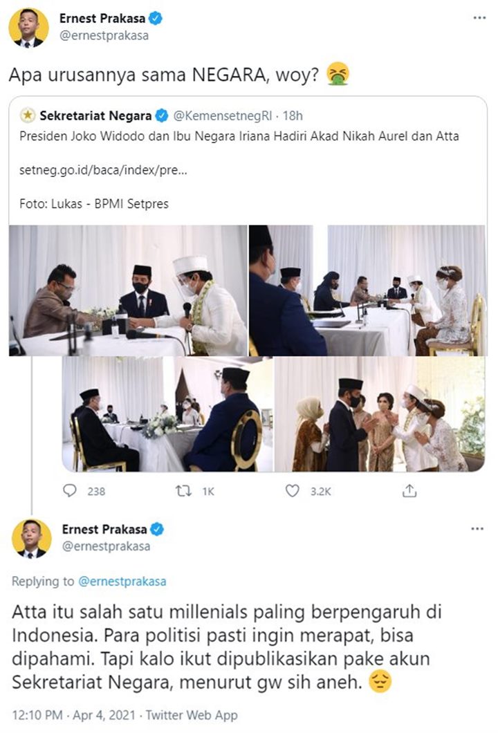 Akun Sekretariat Negara Posting Foto Nikahan Atta-Aurel, Ernest Prakasa: Apa Urusannya Woy?