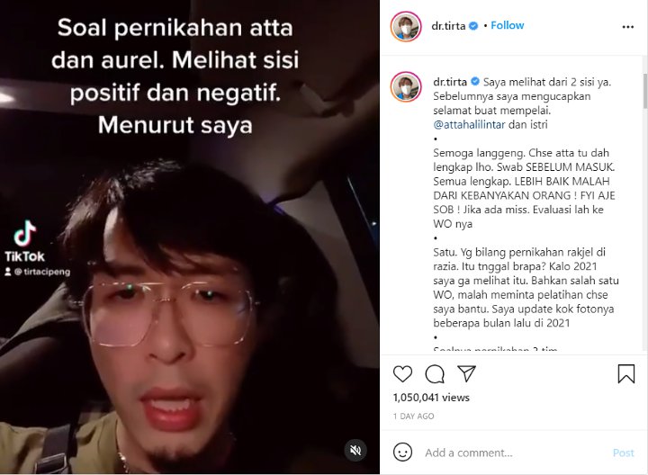 Dokter Tirta Kasihan Lihat Pernikahan Atta-Aurel, Foto Cantik Nadya Arifta Disorot - Topik Pagi