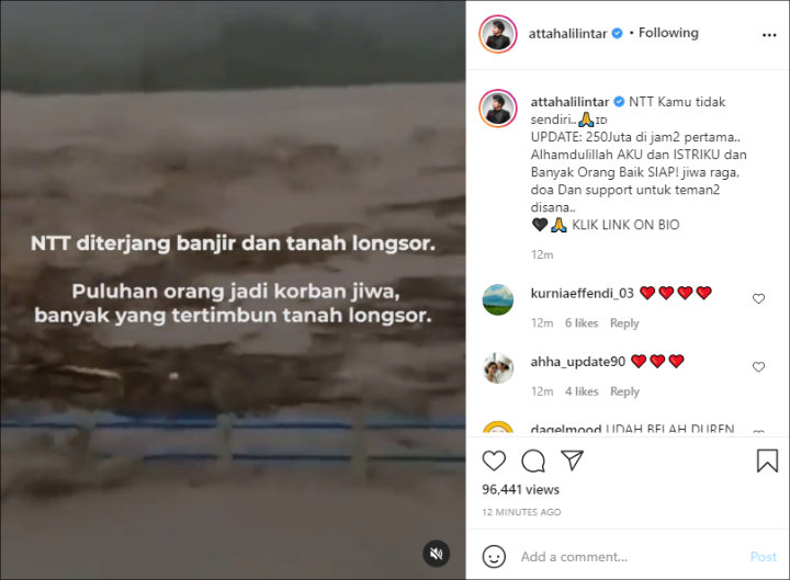 Atta Halilintar dan Istri Berhasil Kumpulkan Rp 250 Juta Di 2 Jam Pertama Buka Donasi Untuk NTT