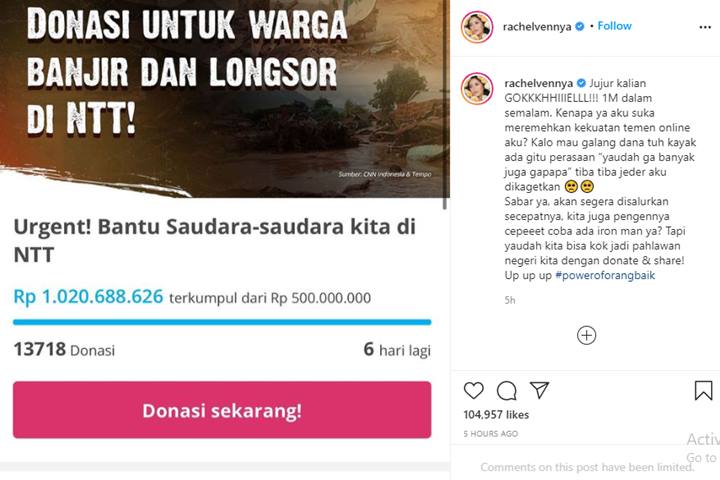 Rachel Vennya Syok, Donasi Bantuan untuk Korban Banjir Bandang NTT Tembus Rp1 M