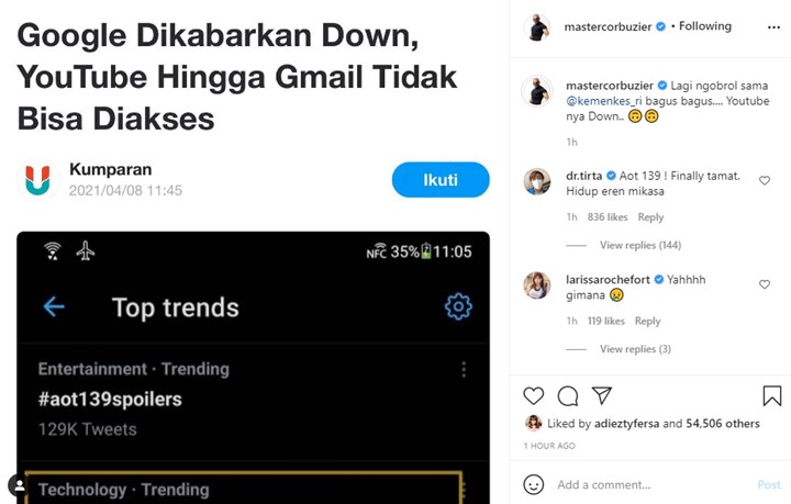 Deddy Corbuzier Keluhkan YouTube Down Usai Unggah Vlog Bareng Menkes RI