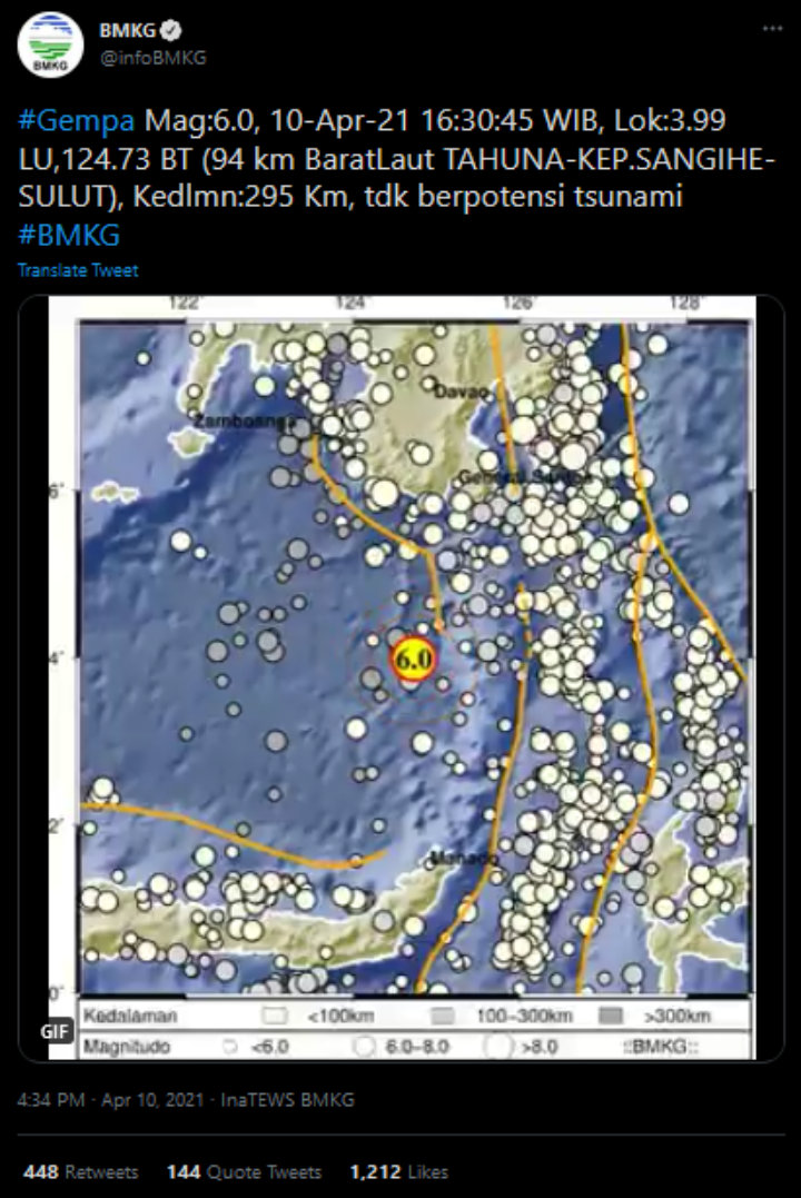 Setelah Malang, Gempa 6,0 M Guncang Sangihe Sulawesi Utara