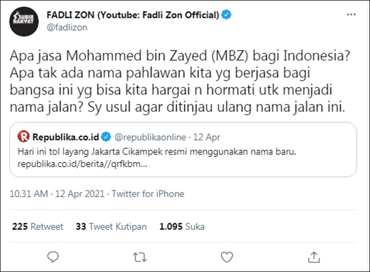 Kritik Fadli Untuk Nama Jalan