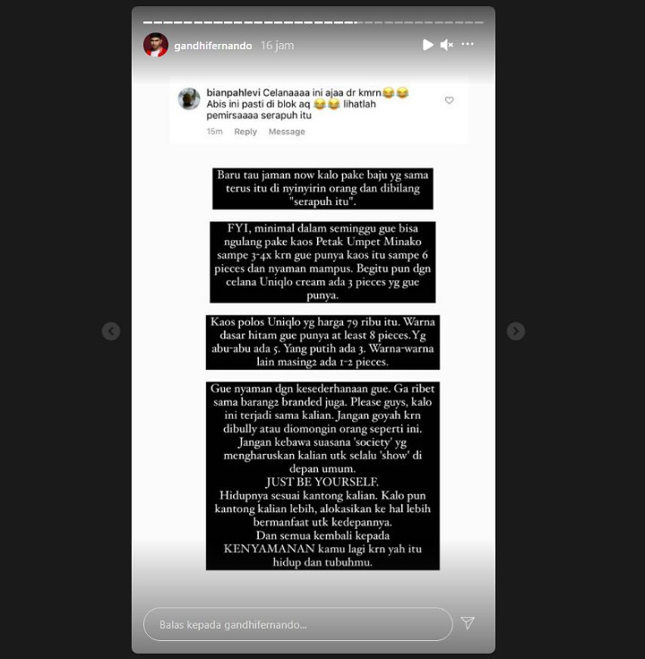Gandhi Fernando Balas Begini Saat Dicibir Selalu Pakai Celana Yang Sama Setiap Harinya