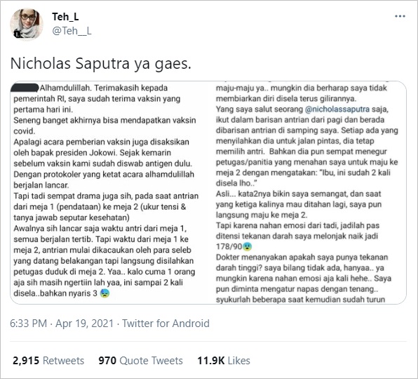 Sampai Trending, Sikap Nicholas Saputra Bela Ibu-ibu Saat Antre Vaksin Bikin Riuh Warga Twitter