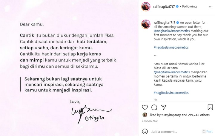 Surat Terbuka Nagita Slavini di Hari Kartini Untuk Para Wanita