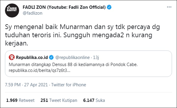 Komentar Fadli soal Munarman