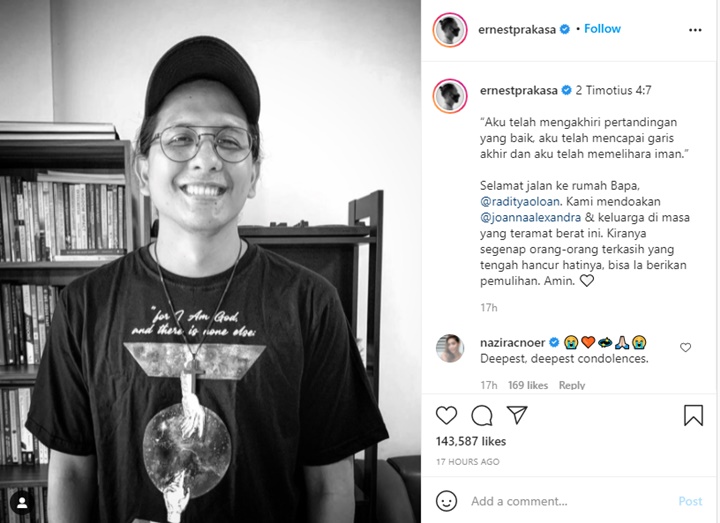 Duka Ernest Prakasa Atas Meninggalnya Raditya Oloan: Selamat Jalan Untuk Selamanya