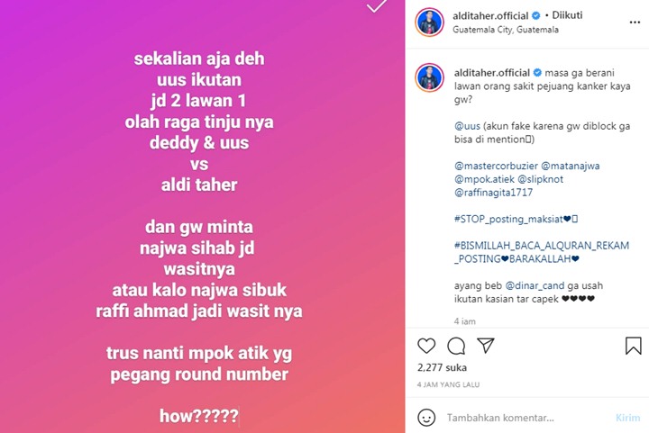 Uus Tolak Bertemu, Aldi Taher Tantang Tanding di Ring Tinju