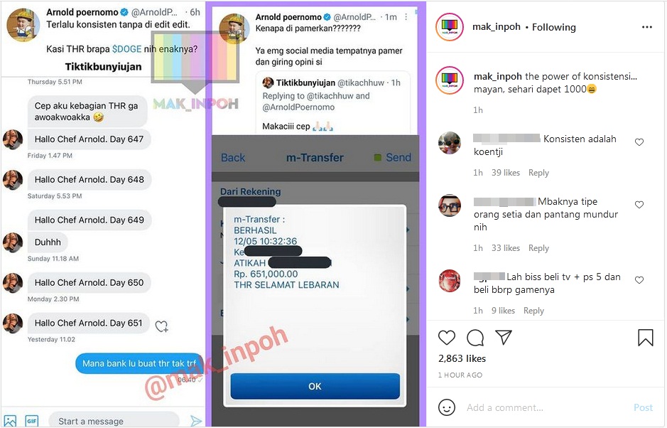 Chef Arnold Pamer Kirim THR ke Netizen yang Konsisten DM Dirinya, Berapa?