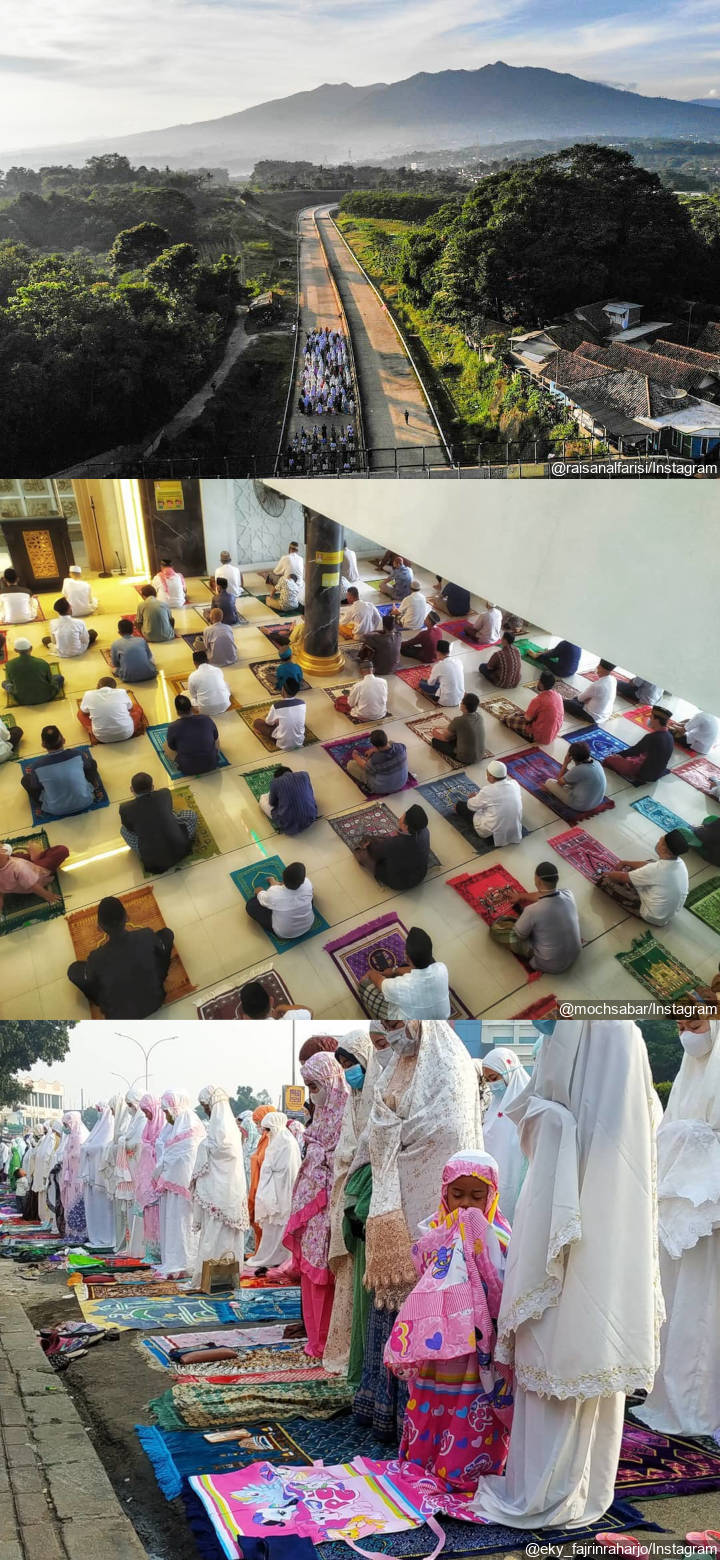 Intip Potret Salat Idul Fitri Saat Pandemi Berlokasi Di Tol Sampai Berlatarbelakang Gunung<script async src=