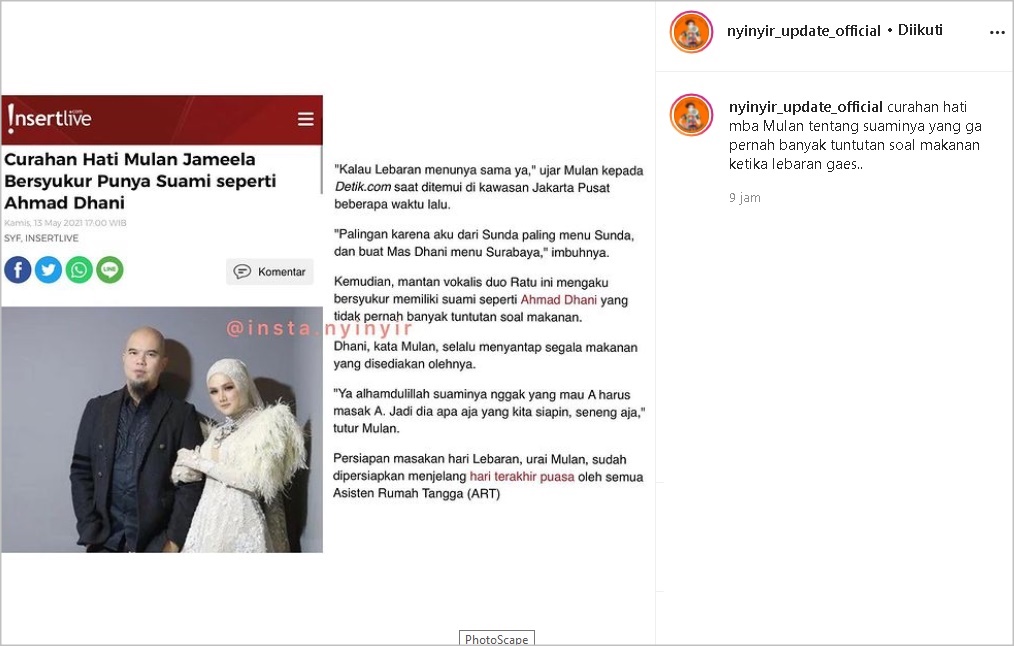 Mulan Jameela Bersyukur Ahmad Dhani Tak Banyak Nuntut Soal Makanan, Kok Malah Ditanggapi Sinis?
