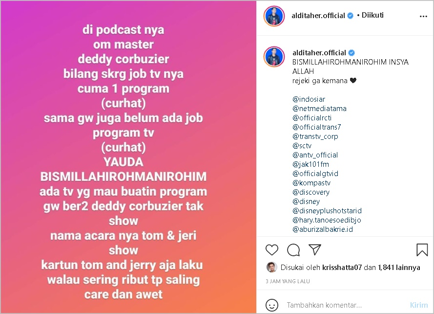 Aldi Taher Berharap Dibuatkan Program Bareng Deddy Corbuzier, Hingga Beri Usulan Nama