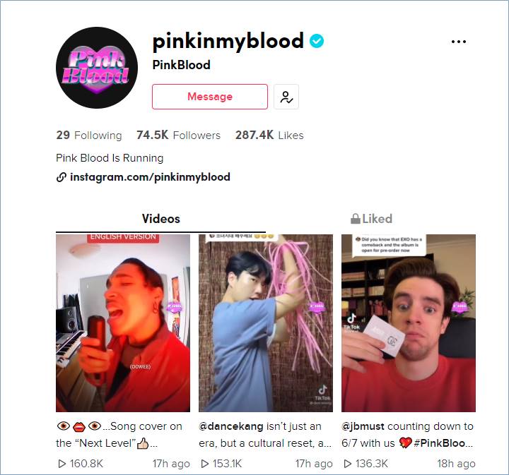 Akun TikTok PinkBlood membagikan ulang video-video buatan fans