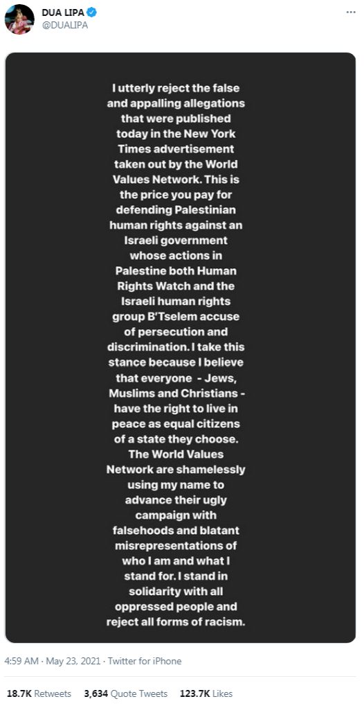 Dua Lipa Kecam Iklan New York Times yang Tuduh Dirinya Anti-Semit Terkait Dukungan ke Palestina