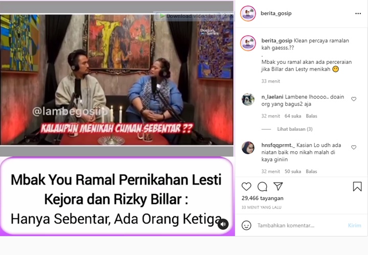 Rizky Billar Bakal Menikah Dengan Lesty, Mbak You Sebut Akan Ada Orang Ketiga