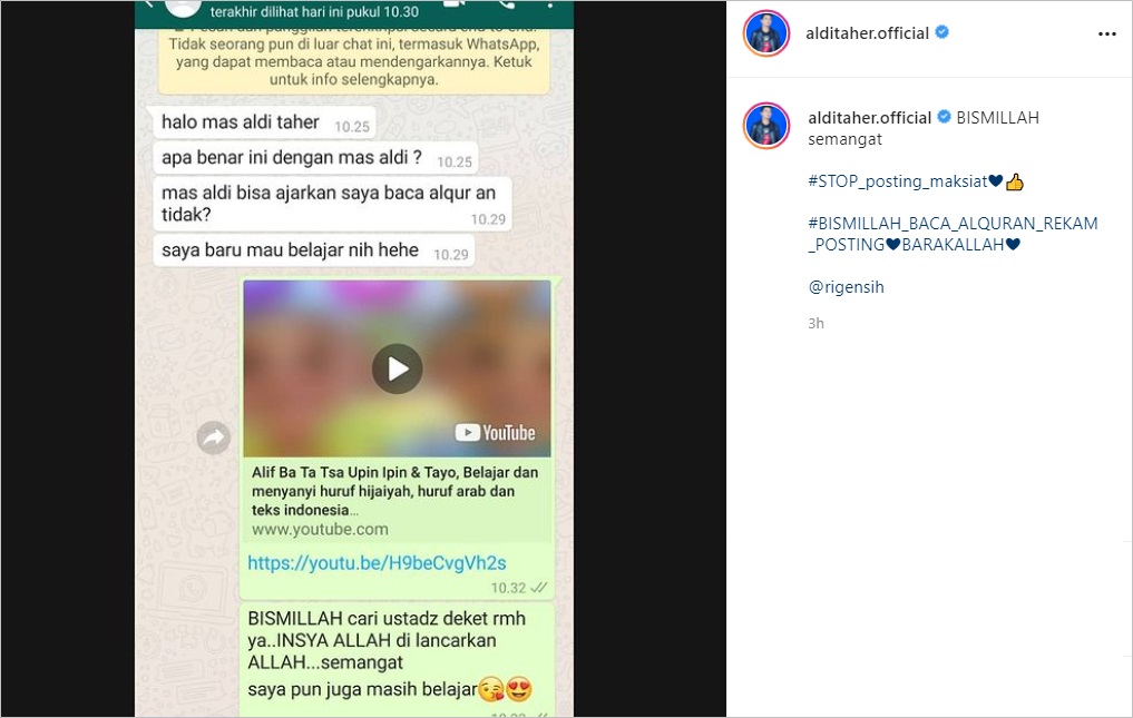 Aldi Taher Bongkar Isi Chat Seseorang Minta Diajari Ngaji, Jawabannya Justru Langsung Dicela