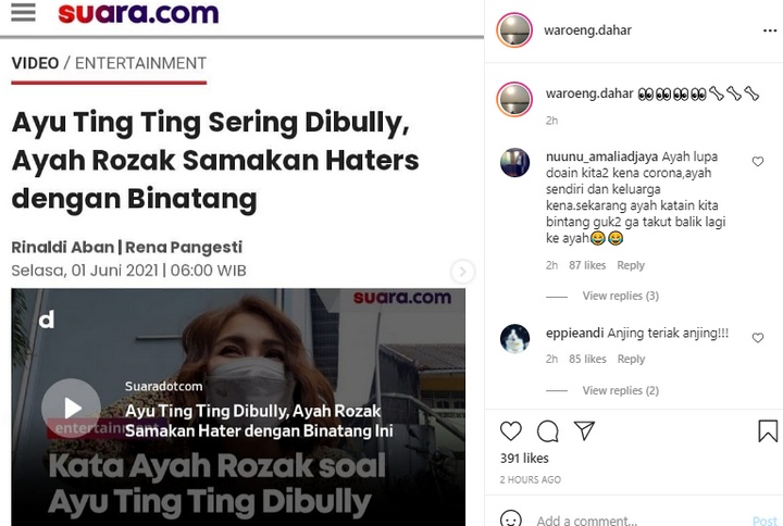 Abdul Rozak Samakan Haters yu Ting Ting Mirip Anjing