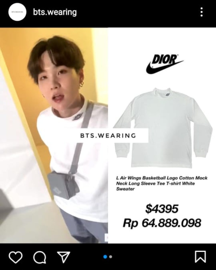 Pesona Suga BTS dengan atasan berwarna putih dengan harga fantastis