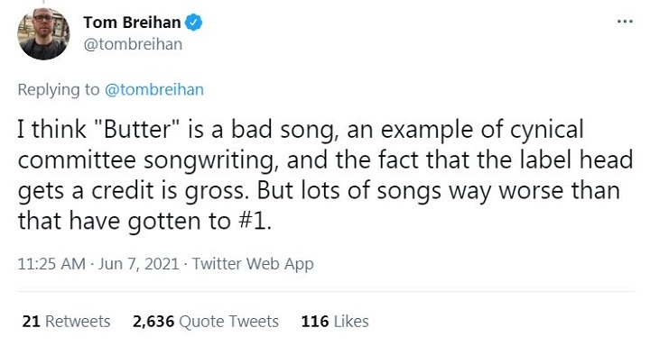 Jurnalis yang Sebut BTS dan ARMY Bikin Chart Musik tak Berguna Kini Sebut \'Butter\' Lagu Jelek
