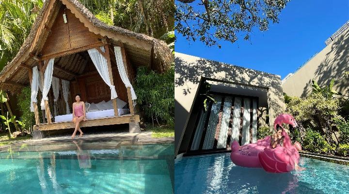 Kompak menggunakan baju berwarna <i>pink</i> di kolam renang