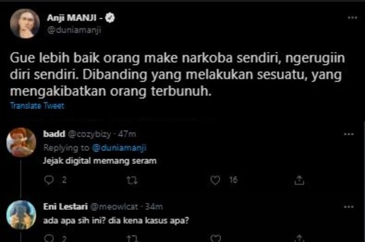 Jadi Trending Topik, Cuitan Lawas Anji Soal Konsumsi Narkoba Disebut Menyeramkam