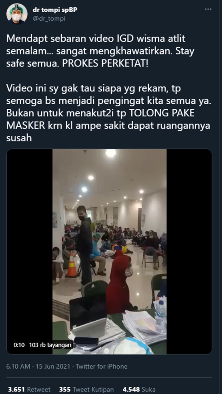 Bagikan Video IGD Wisma Atlet Ramai, Tompi Beri Imbauan Ini Ke Masyarakat