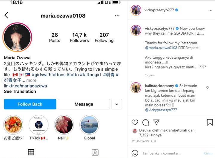 Vicky Prasetyo Girang Di-follow Maria Ozawa, Begini Reaksi Kalina Oktarani