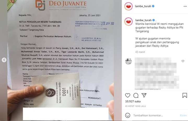 Rezky Aditya Resmi Digugat, Nama Wanita Inisial W Akhirnya Terungkap