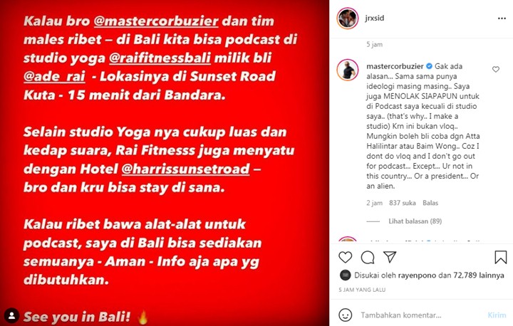 Deddy Corbuzier Tolak Ajakan Jerinx SID Podcast di Bali