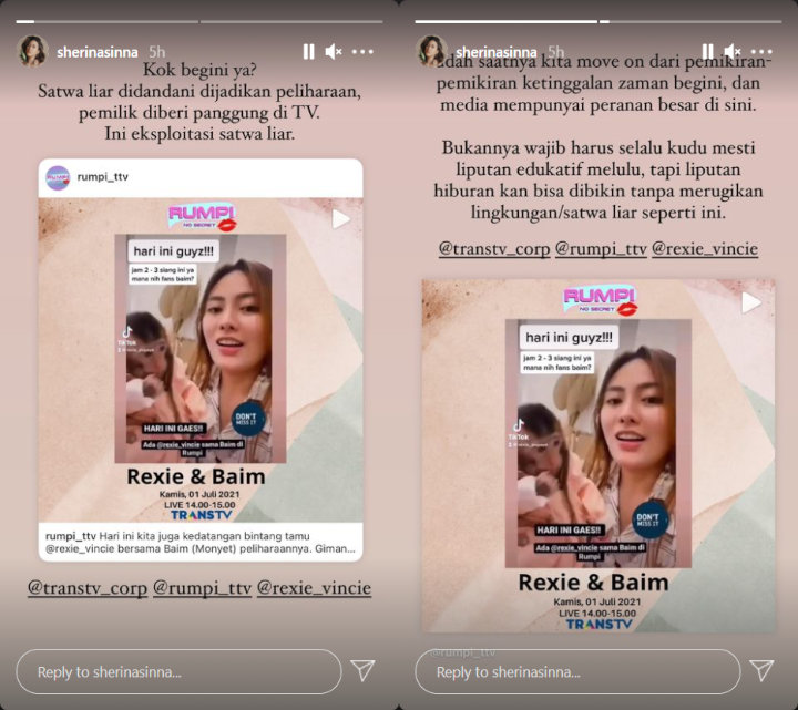 Sherina Munaf Kritik Eksploitasi Hewan Liar di Acara \'Rumpi\'