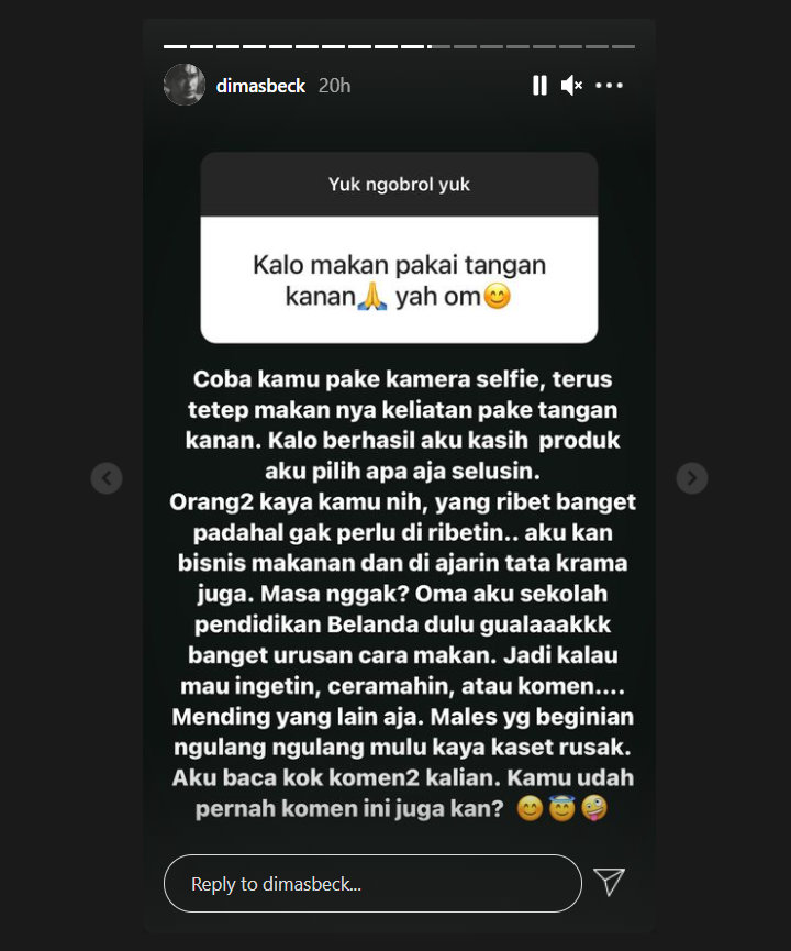 Dimas Beck Ngomel Saat Dinasihati agar Makan Pakai Tangan Kanan