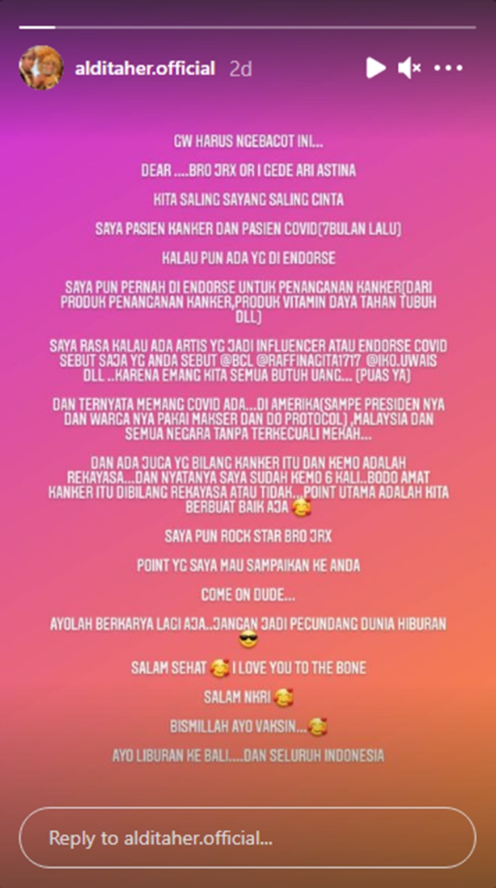 Aldi Taher Nasihati Jerinx SID Soal Endorse Covid-19: Jangan Jadi Pecundang Dunia Hiburan!