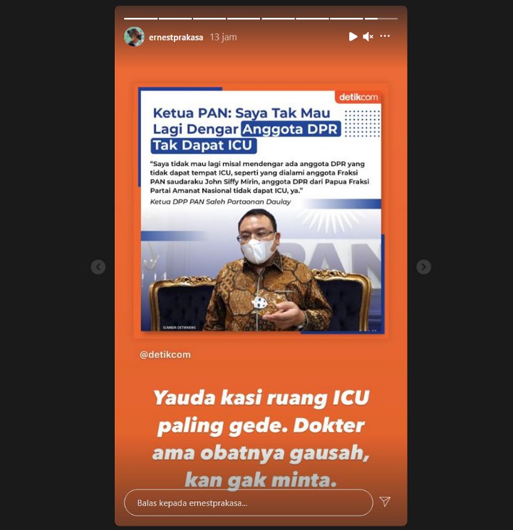 Ernest Prakasa Sentil Soal Ketua PAN Minta DPR Dapat Prioritas ICU